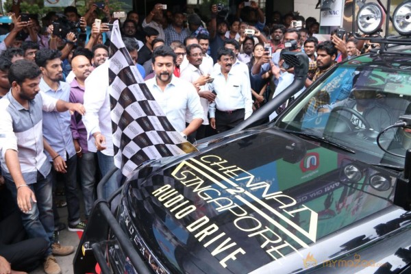 Suriya Flagged off  historical journey of Ghibran from ‪#‎Chennai2Singapore‬
